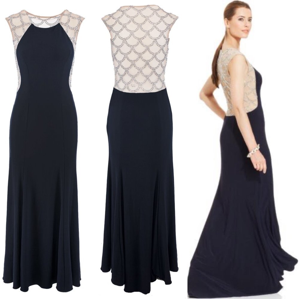 NAVY BLUE FLOOR LENGTH JEWELL BACK GOWN